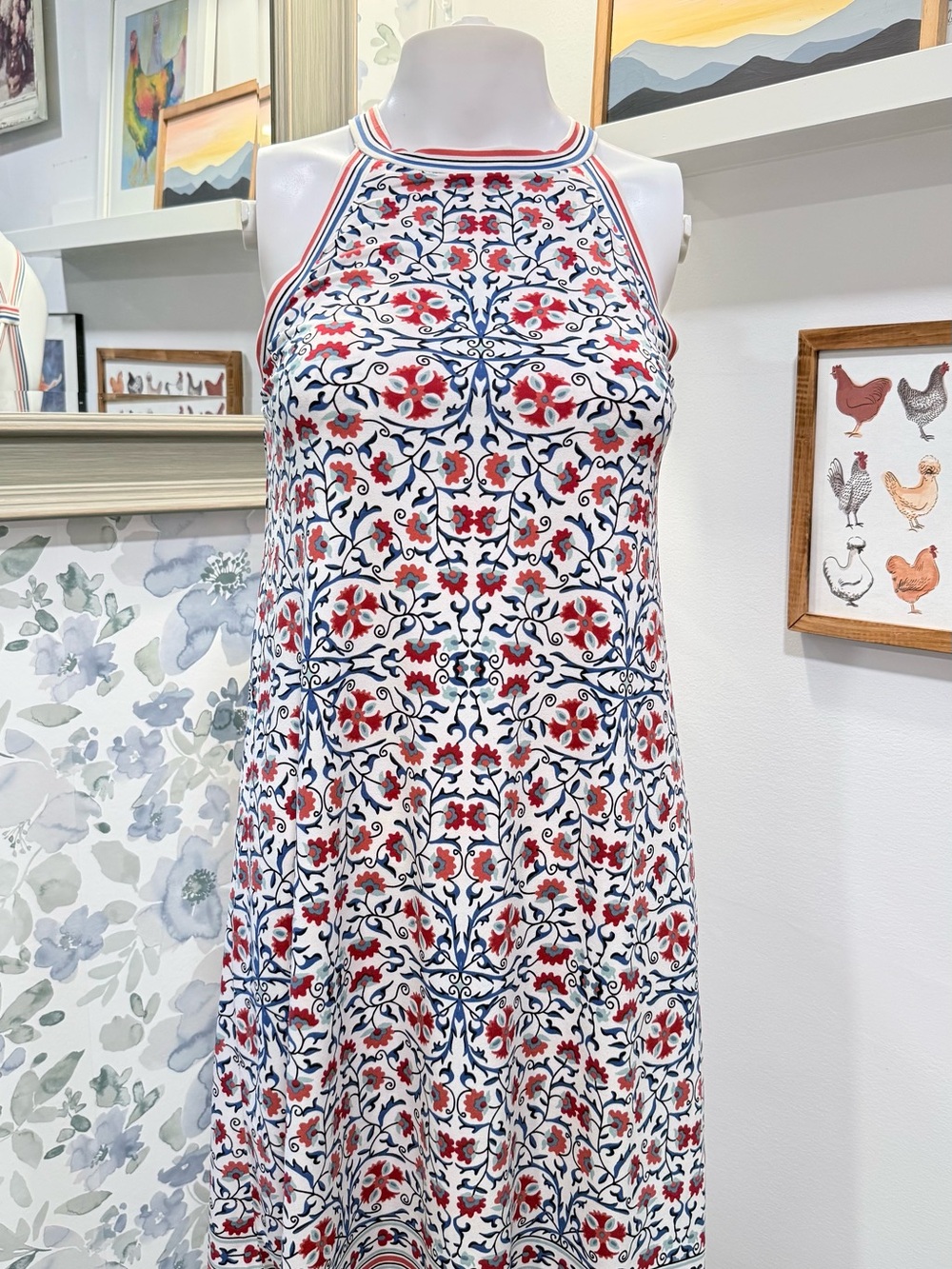 Max Studio White Halter Midi Dress with Red & Blue Floral Tile Print